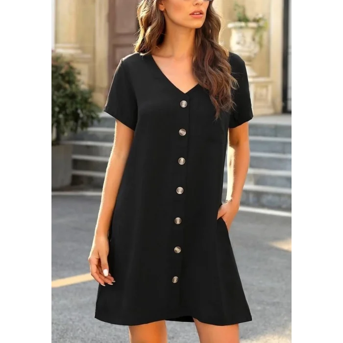 Kadın Kısa Kollu V Yaka önü Düğmeli Viskon Elbise