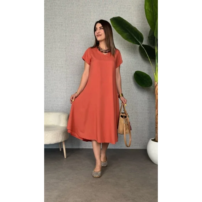 Kadın Kısa Kollu V Yaka Salaş Maxi Boy Elbise