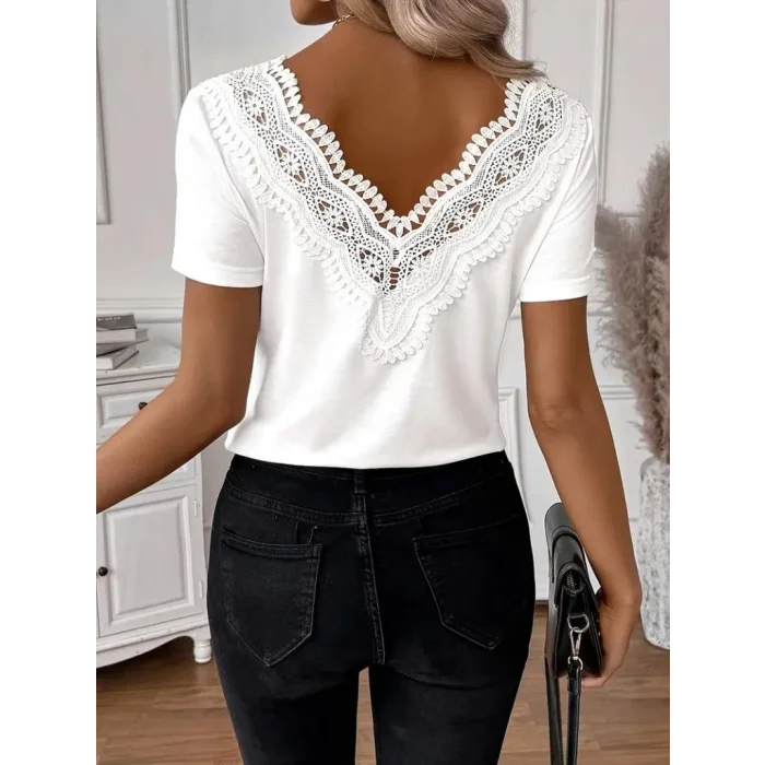 Kadın Kısa Kollu V Yakalı Arkası Dantelli Viskon Bluz