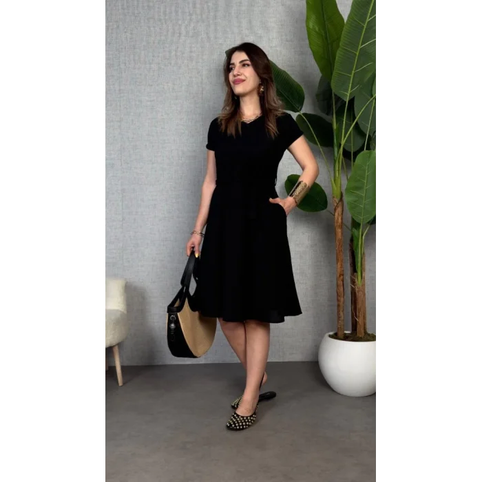 Kadın Kısa Kollu V Yakalı Beli Kuşaklı Ithal Keten Elbise