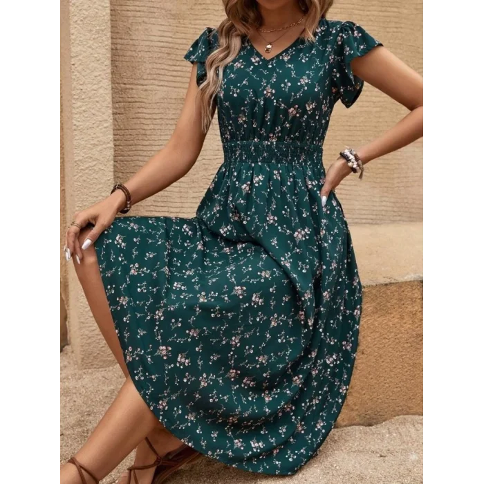 Kadın Kısa Kollu V Yakalı Beli Lastikli çiçek Desenli Süprem Elbise