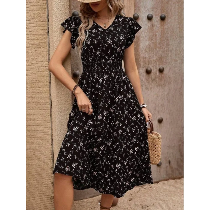 Kadın Kısa Kollu V Yakalı Beli Lastikli çiçek Desenli Süprem Elbise