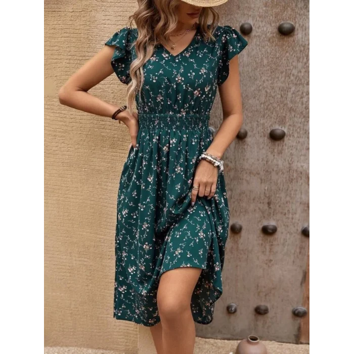 Kadın Kısa Kollu V Yakalı Beli Lastikli çiçek Desenli Süprem Elbise