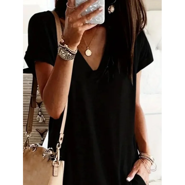 Kadın Kısa Kollu V Yakalı Cepli Kısa Viskon Elbise