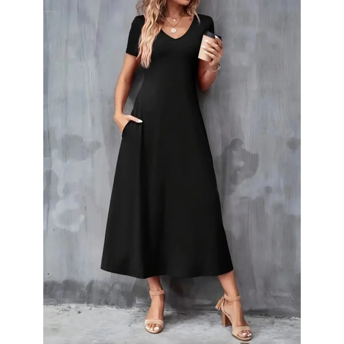 Kadın Kısa Kollu V Yakalı Cepli Viskon Elbise