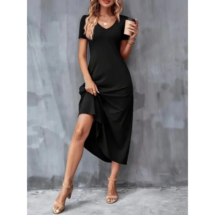 Kadın Kısa Kollu V Yakalı Cepli Viskon Elbise