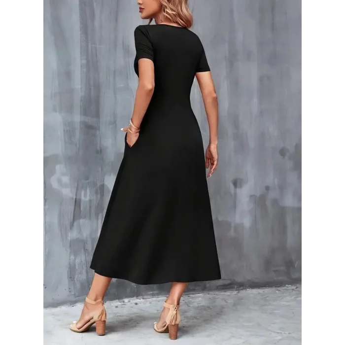 Kadın Kısa Kollu V Yakalı Cepli Viskon Elbise