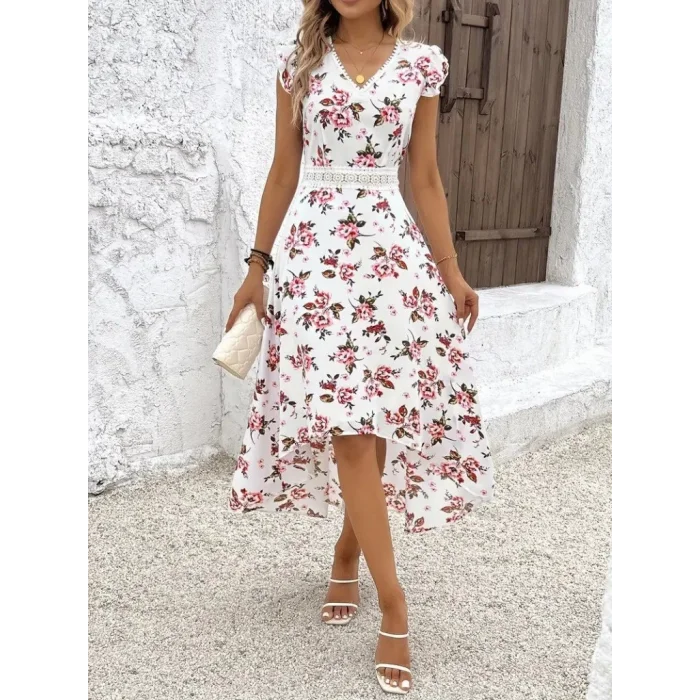 Kadın Kısa Kollu V Yakalı çiçek Desenli önü Kısa Arkası Uzun Süprem Elbise