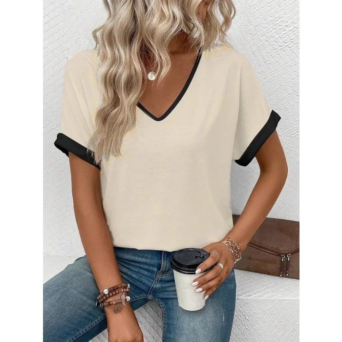 Kadın Kısa Kollu V Yakalı çift Renkli Viskon Bluz