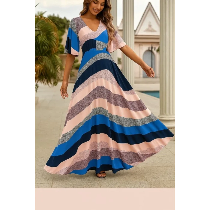 Kadın Kısa Kollu V Yakalı Desenli Süprem Elbise