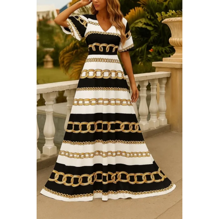 Kadın Kısa Kollu V Yakalı Desenli Süprem Elbise