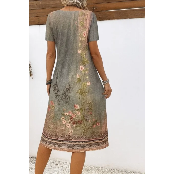 Kadın Kısa Kollu V Yakalı Desenli Süprem Elbise