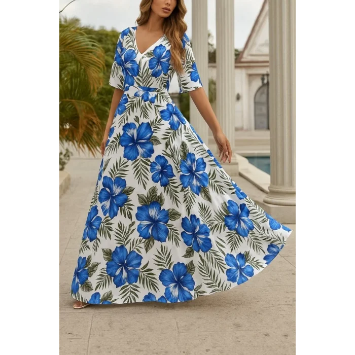 Kadın Kısa Kollu V Yakalı Desenli Süprem Elbise