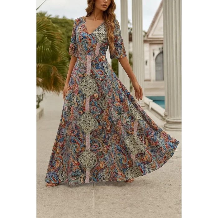 Kadın Kısa Kollu V Yakalı Desenli Süprem Elbise