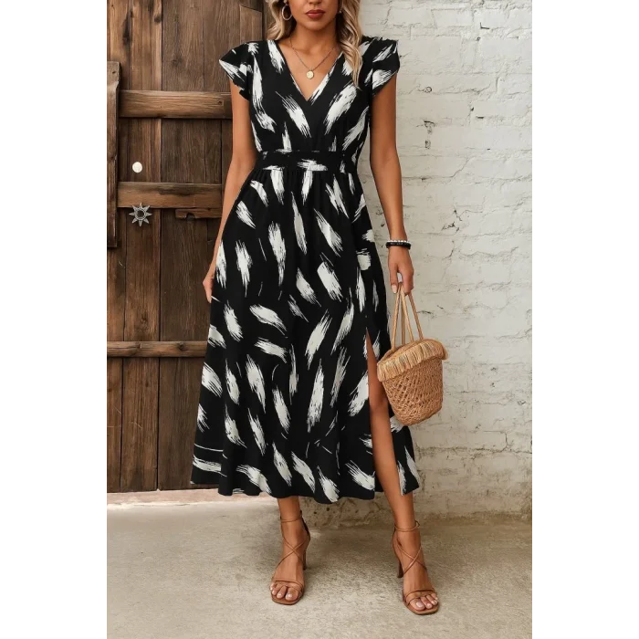 Kadın Kısa Kollu V Yakalı Desenli Yandan Yırtmaçlı Süprem Elbise