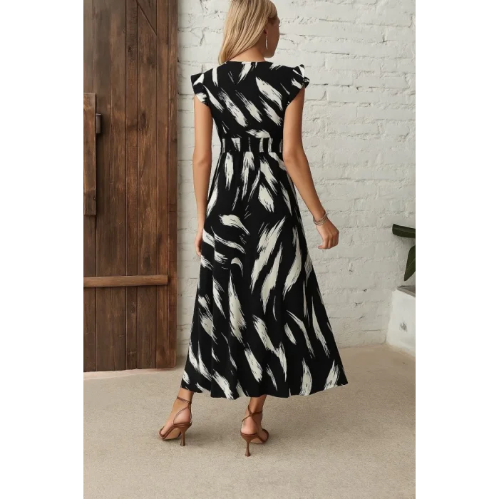 Kadın Kısa Kollu V Yakalı Desenli Yandan Yırtmaçlı Süprem Elbise