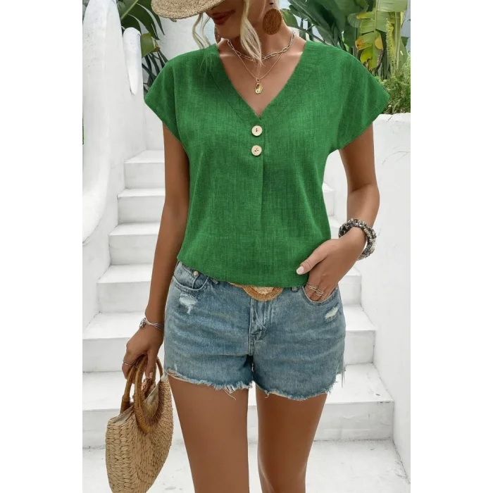 Kadın Kısa Kollu V Yakalı Düğmeli Keten Bluz