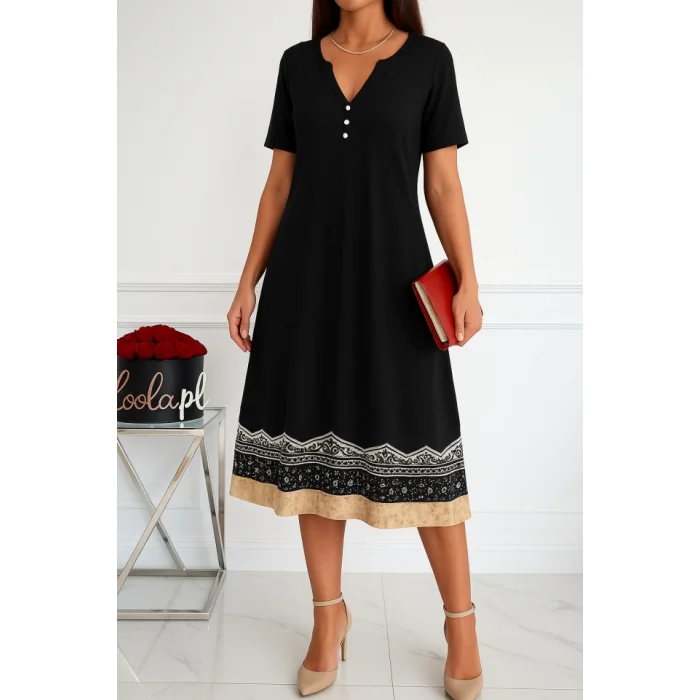 Kadın Kısa Kollu V Yakalı Etek Ucu Desenli Viskon Elbise