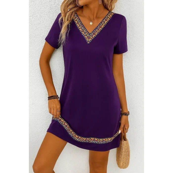 Kadın Kısa Kollu V Yakalı Etnik Desen şerit Detaylı Viskon Elbise