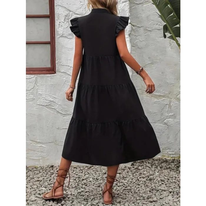 Kadın Kısa Kollu V Yakalı Geniş Kesim Uzun Trikoton Elbise