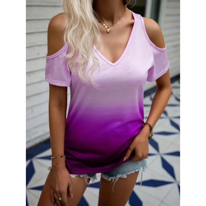 Kadın Kısa Kollu V Yakalı Iki Omuzu Açık Baskılı Süprem Bluz