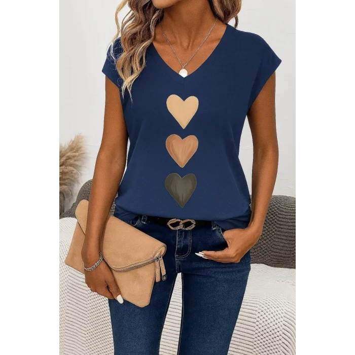 Kadın Kısa Kollu V Yakalı Kalp Desen Viskon Bluz