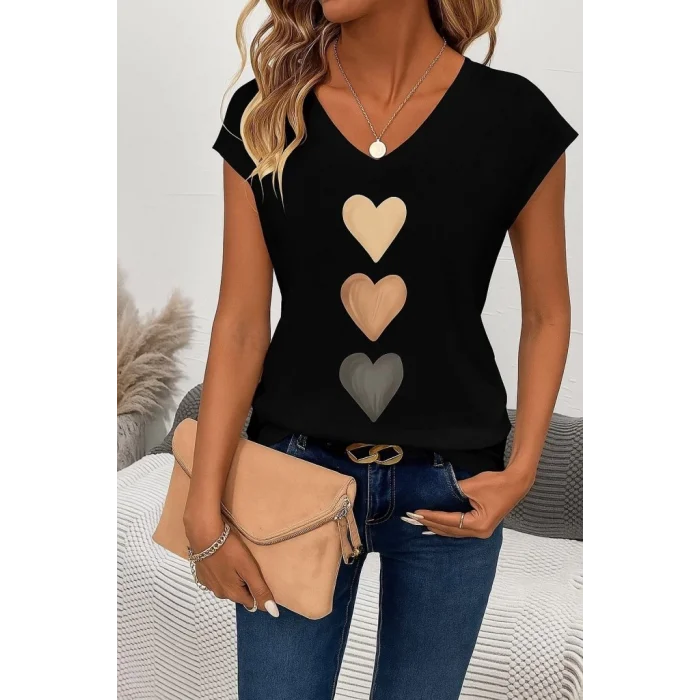 Kadın Kısa Kollu V Yakalı Kalp Desen Viskon Bluz