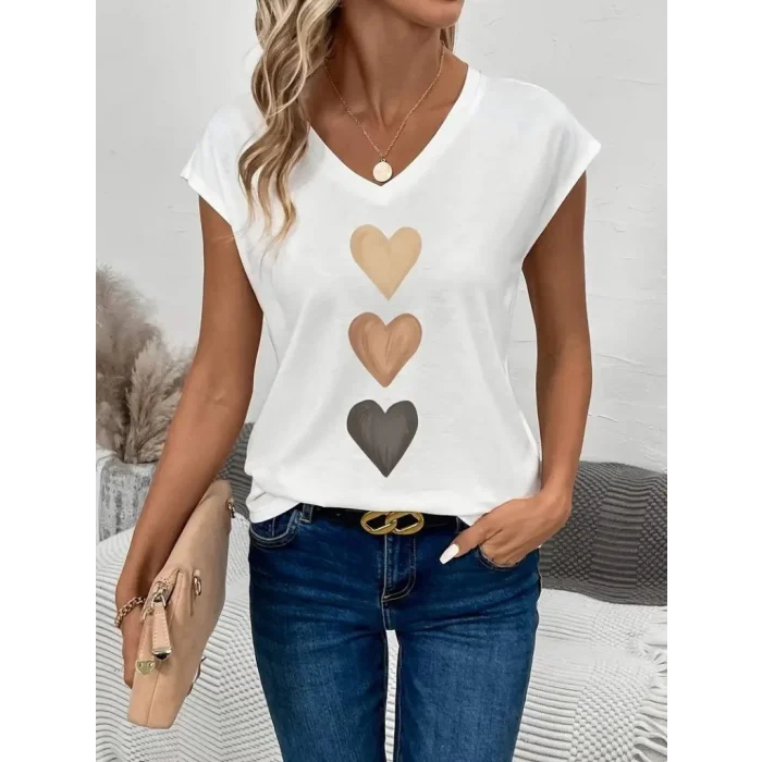 Kadın Kısa Kollu V Yakalı Kalp Desen Viskon Bluz