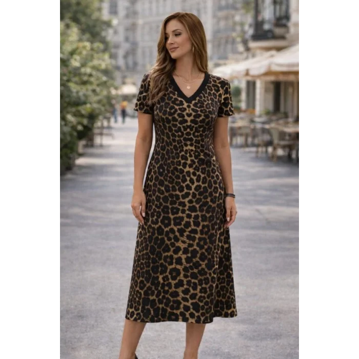 Kadın Kısa Kollu V Yakalı Leopar Desenli Kısa Süprem Elbise