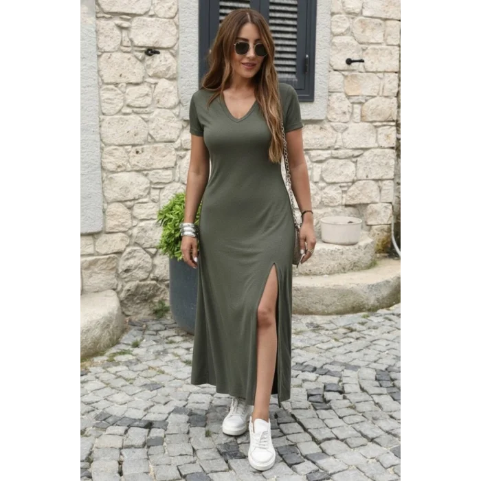 Kadın Kısa Kollu V Yakalı Maksi Boy Viskon Elbise