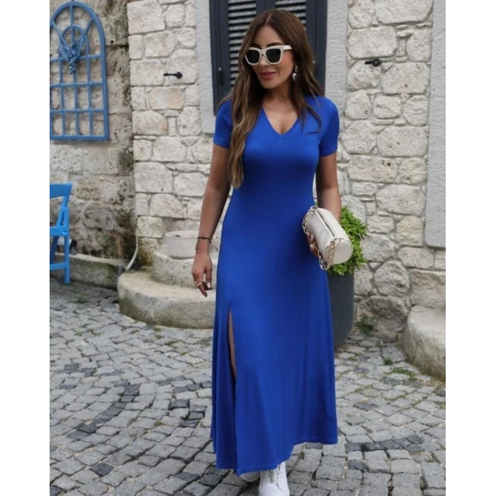 Kadın Kısa Kollu V Yakalı Maksi Boy Viskon Elbise