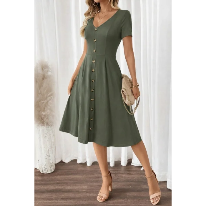 Kadın Kısa Kollu V Yakalı önden Düğmeli Kısa Kiloş Viskon Elbise