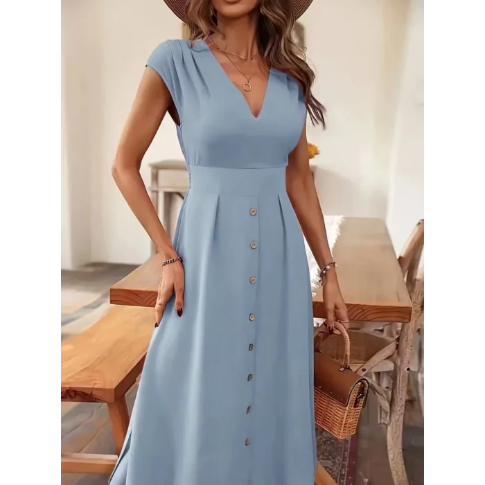 Kadın Kısa Kollu V Yakalı önden Düğmeli Midi Dokuma Viskon Elbise
