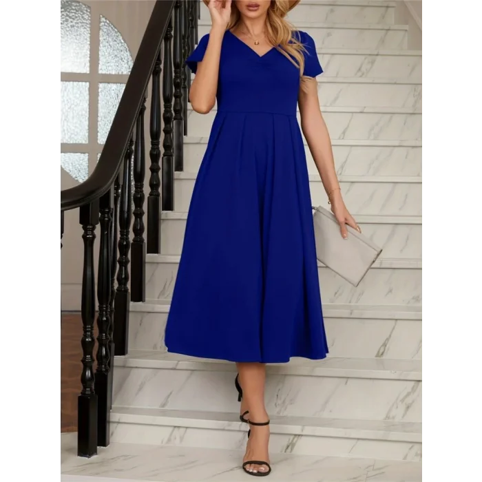 Kadın Kısa Kollu V Yakalı önden Pileli Midi Janjan Krep Elbise