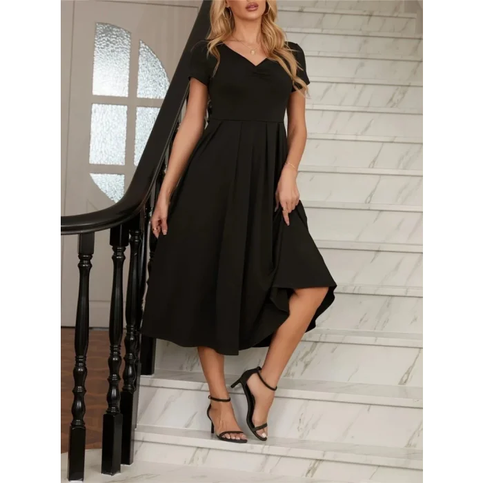 Kadın Kısa Kollu V Yakalı önden Pileli Midi Janjan Krep Elbise