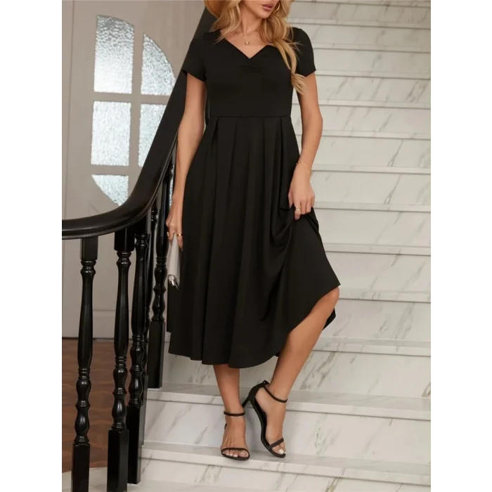 Kadın Kısa Kollu V Yakalı önden Pileli Midi Janjan Krep Elbise