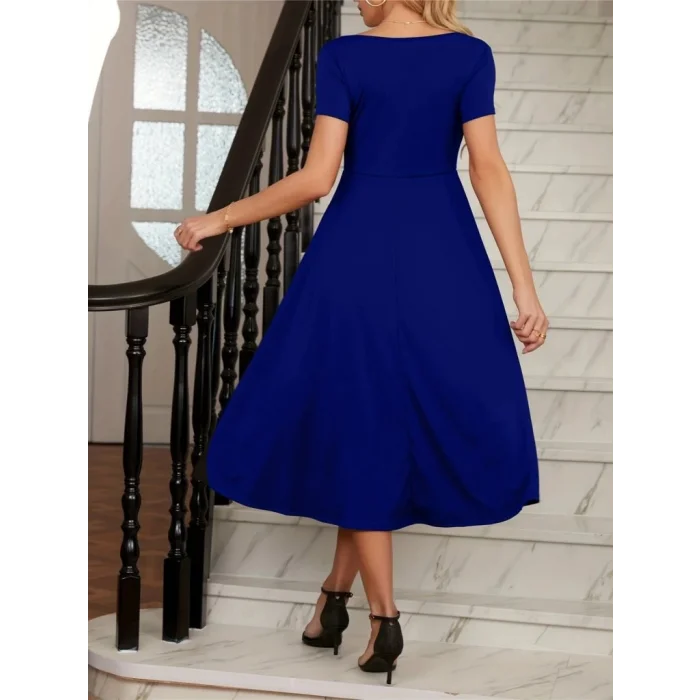 Kadın Kısa Kollu V Yakalı önden Pileli Midi Janjan Krep Elbise