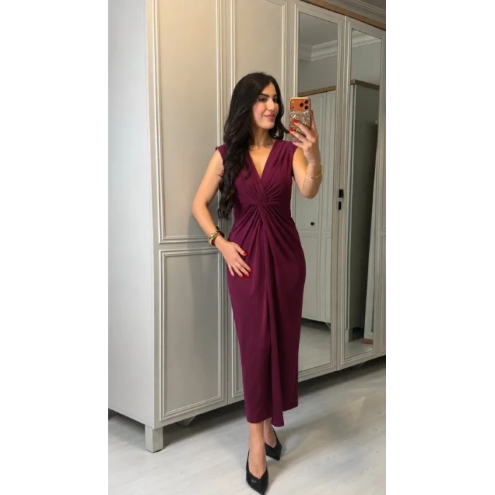 Kadın Kısa Kollu V Yakalı önü Sarmal Detaylı Yırtmaçlı Sandy Midi Elbise