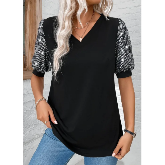 Kadın Kısa Kollu V Yakalı Pul Payet Detaylı Viskon Bluz