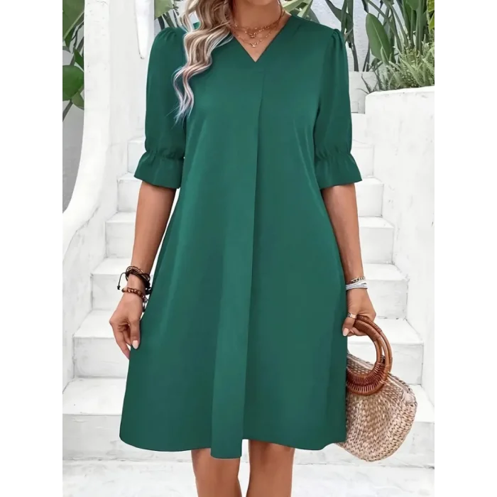 Kadın Kısa Kollu V Yakalı Salaş Janjan Krep Elbise