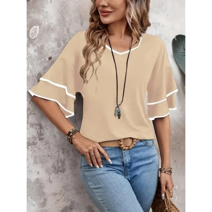 Kadın Kısa Kollu V Yakalı Viskon Bluz