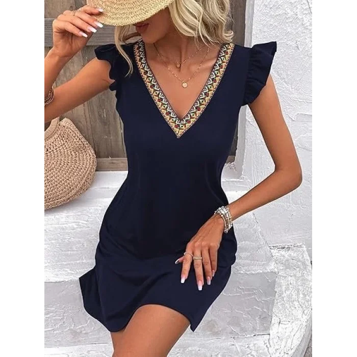 Kadın Kısa Kollu V Yakalı Viskon Elbise