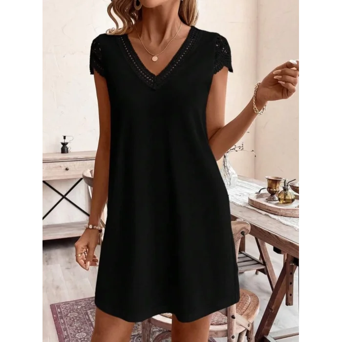 Kadın Kısa Kollu V Yakalı Viskon Elbise