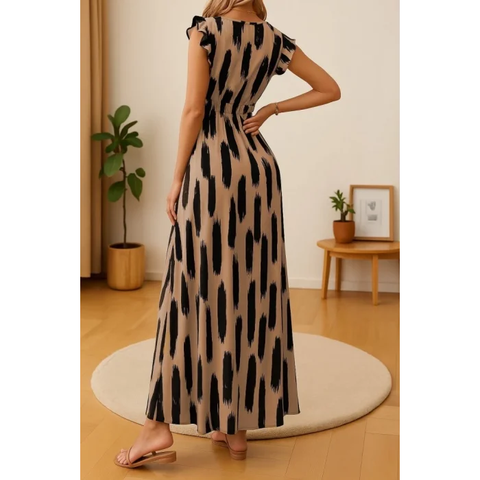 Kadın Kısa Kollu V Yakalı Yırtmaçlı çiçek Desenli Süprem Elbise