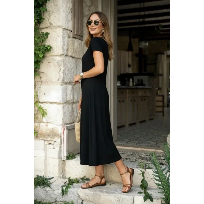 Kadın Kısa Kollu V Yakalı Yırtmaçlı Midi Viskon Elbise