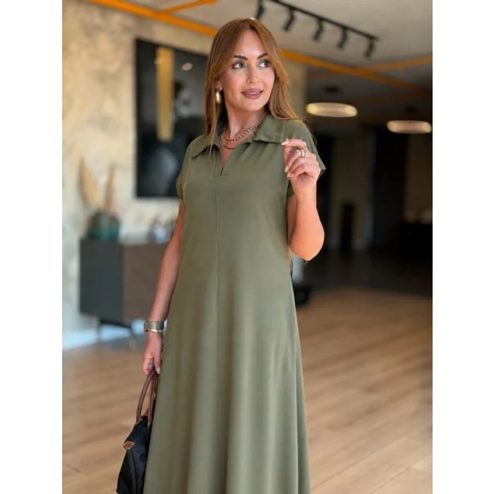 Kadın Kısa Kollu Yakalı Cepli Uzun Viskon Iki Iplik Elbise