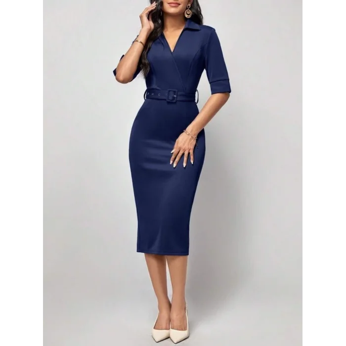 Kadın Kısa Kollu Yakalı Kruvaze Yakalı Beli Kemerli Midi Modal Elbise