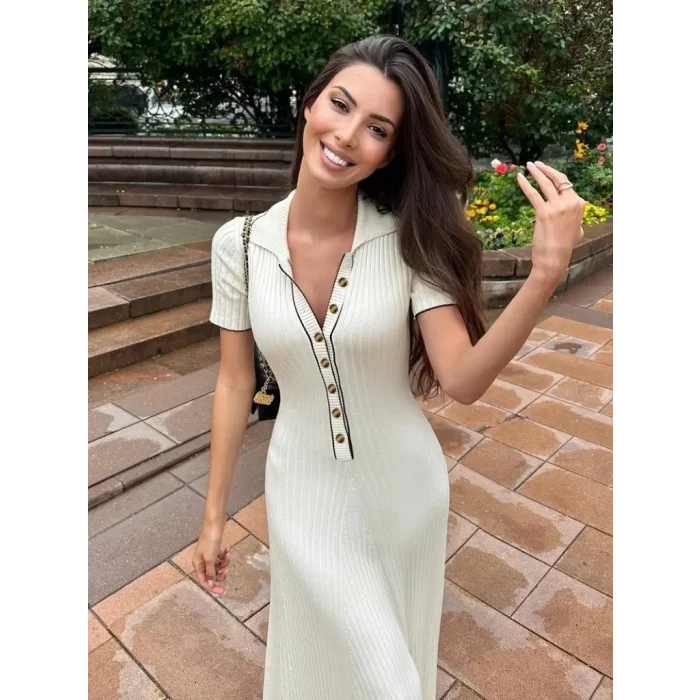 Kadın Kısa Kollu Yakalı önden Düğmeli Maxi Triko Elbise