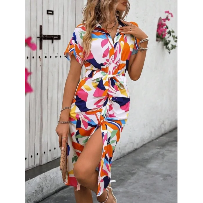 Kadın Kısa Kollu Yakalı önü Düğmeli önden Drapeli Desenli Süprem Elbise