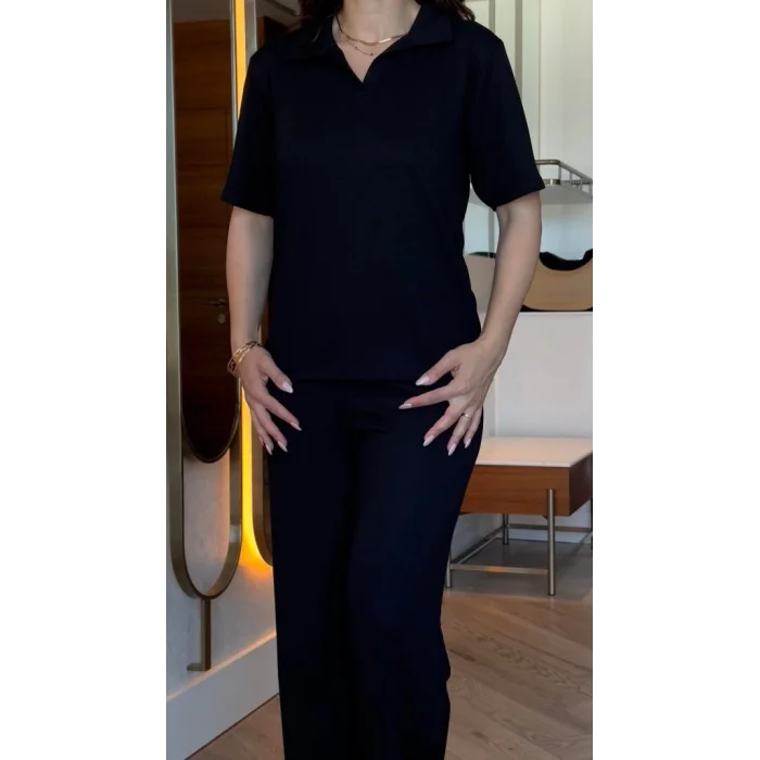 Kadın Kısa Kollu Yakalı Viskon Iki Iplik Bluz Ve Pantolon Ikili Takım